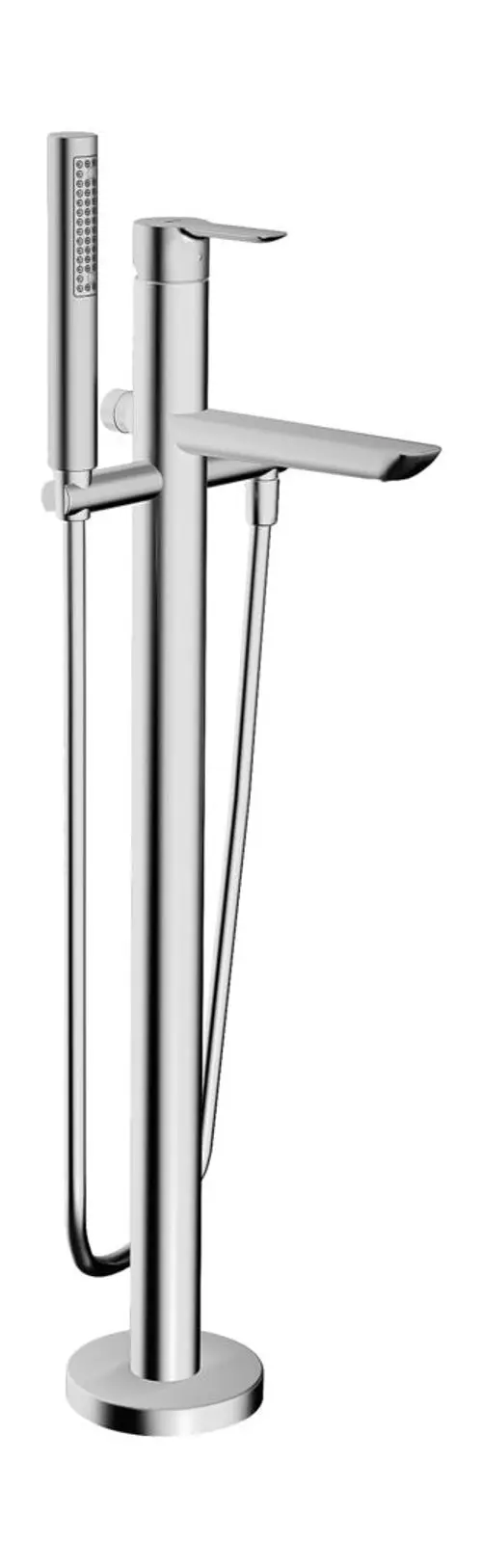 Einhebelmischer in Chrom mit Standrohr. Das Gerät verfügt über einen Handbrauseanschluss und ist für den Einsatz in Badezimmern konzipiert. Marke: HANSA.